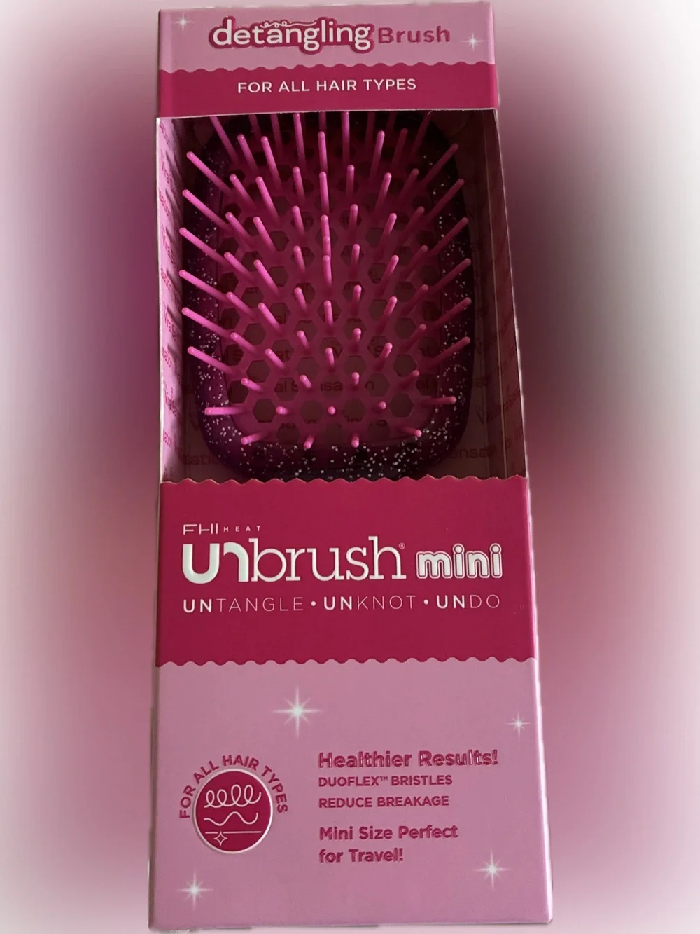 UNbrush Mini Glitter Detangling Hair Brush - Rose Quartz Pink